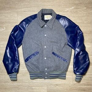 Men Size Small Delong Varsity / Letterman's Award Jacket 80% Wool USA Grey/Blue